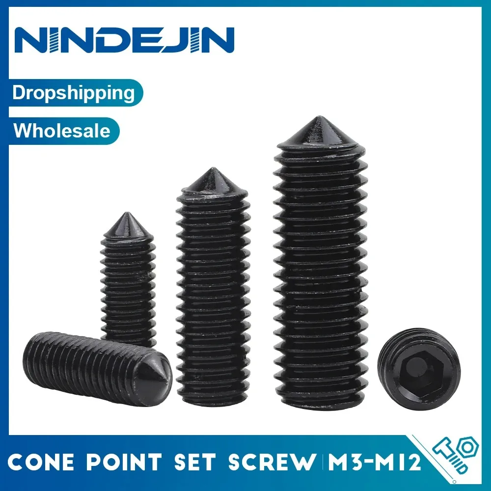NINDEJIN 3-50pcs Cone Point Socket Set Screw M2 M3 M4 M5 M6 M8 M10 Carbon Steel Hexagon Headless Grub Screw DIN914