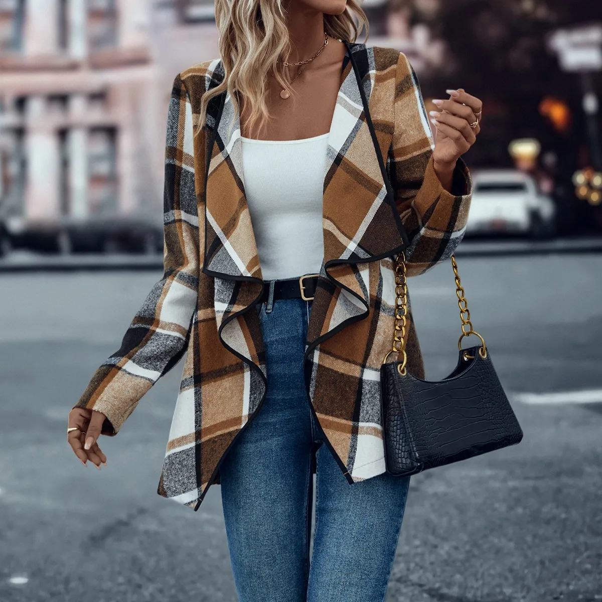 European and American cross-border women\'s fashionable and elegant plaid printed slim fit jacket