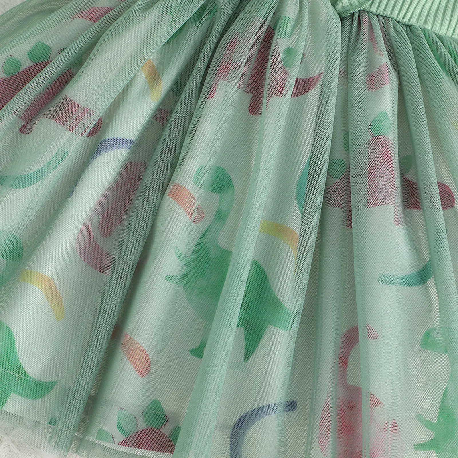 Kids Girls Tulle Dress Fly Sleeve Cartoon Dinosaur Prints Buttons Ribbed Princess Dress Toddler Patchwork Vestidos Party Clothes