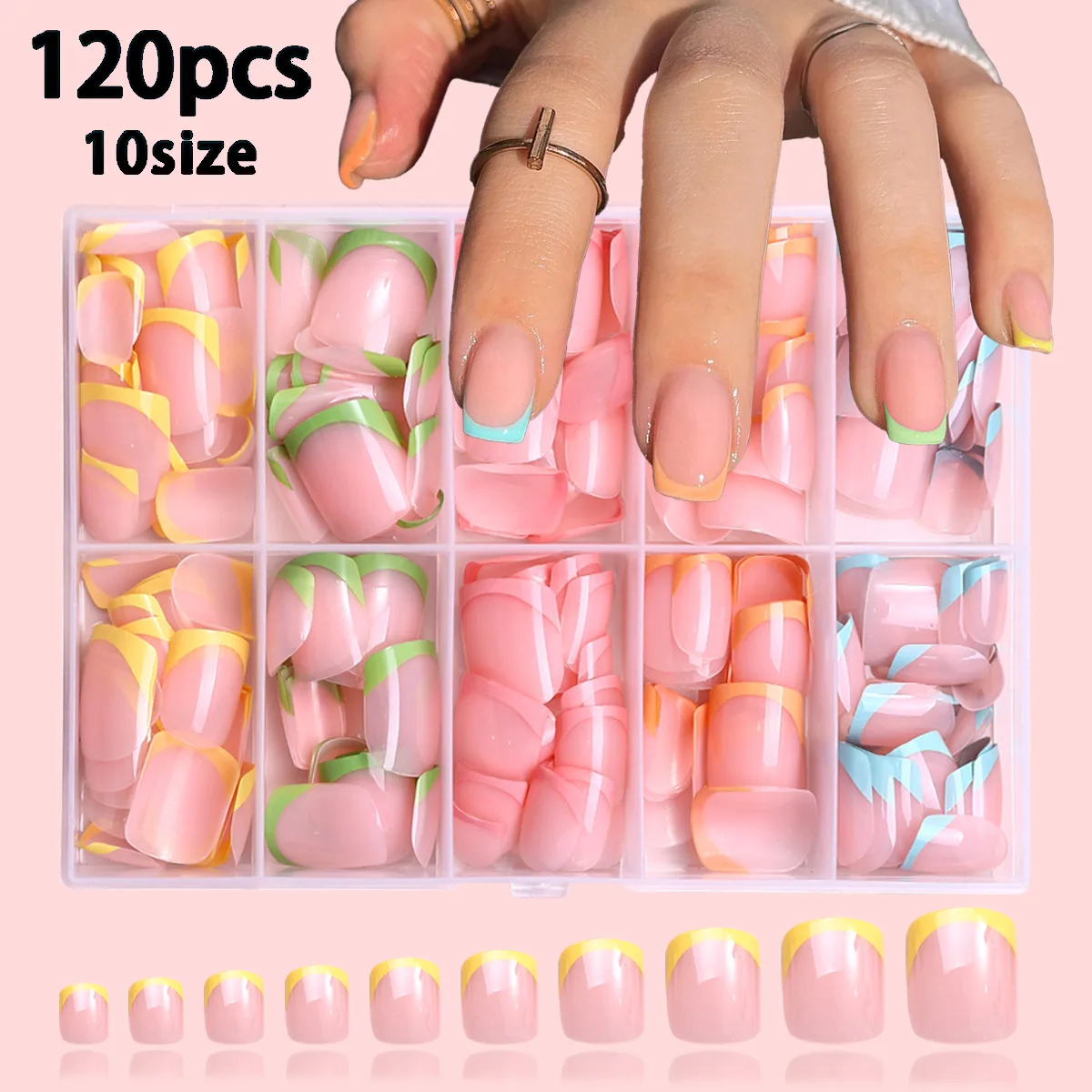 240Pcs Short French False Nails Tips 10Sizes Colors Ballerina French Lines Full Cover Press On Nails Women DIY Manicure Supplies