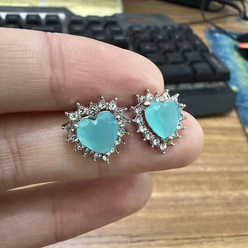 Jianjie Charming Women's Lake Blue Color Heart Shape Brilliant Zircon Earrings Delicate Shining Party Banquet New Ear Jewelry - view 3