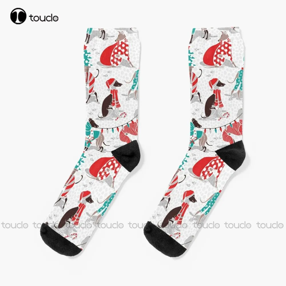 Greyhounds Christmas Dogwalk // White Background Socks Black Long Socks Personalized Custom Unisex Adult Teen Youth Socks