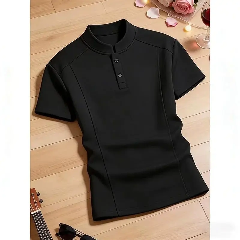 White Henry Collar  Shirt Men's Short Sleeve Splice Design Summer Business Casual Breathable Polyester T-Shirt