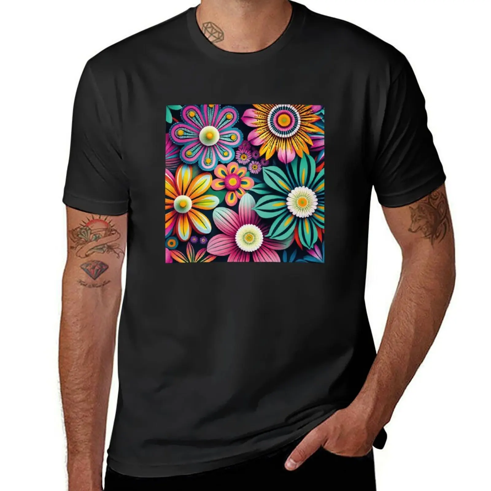 Fantastic colorful pattern with flowers T-shirt kawaii clothes sports fans designer t shirt men