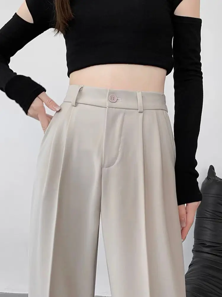 2023 New Retro Straight Wide Leg Brown Pants Vintage Female Korean High Waist Casual Long Navy Blue Pants White Beige Trousers