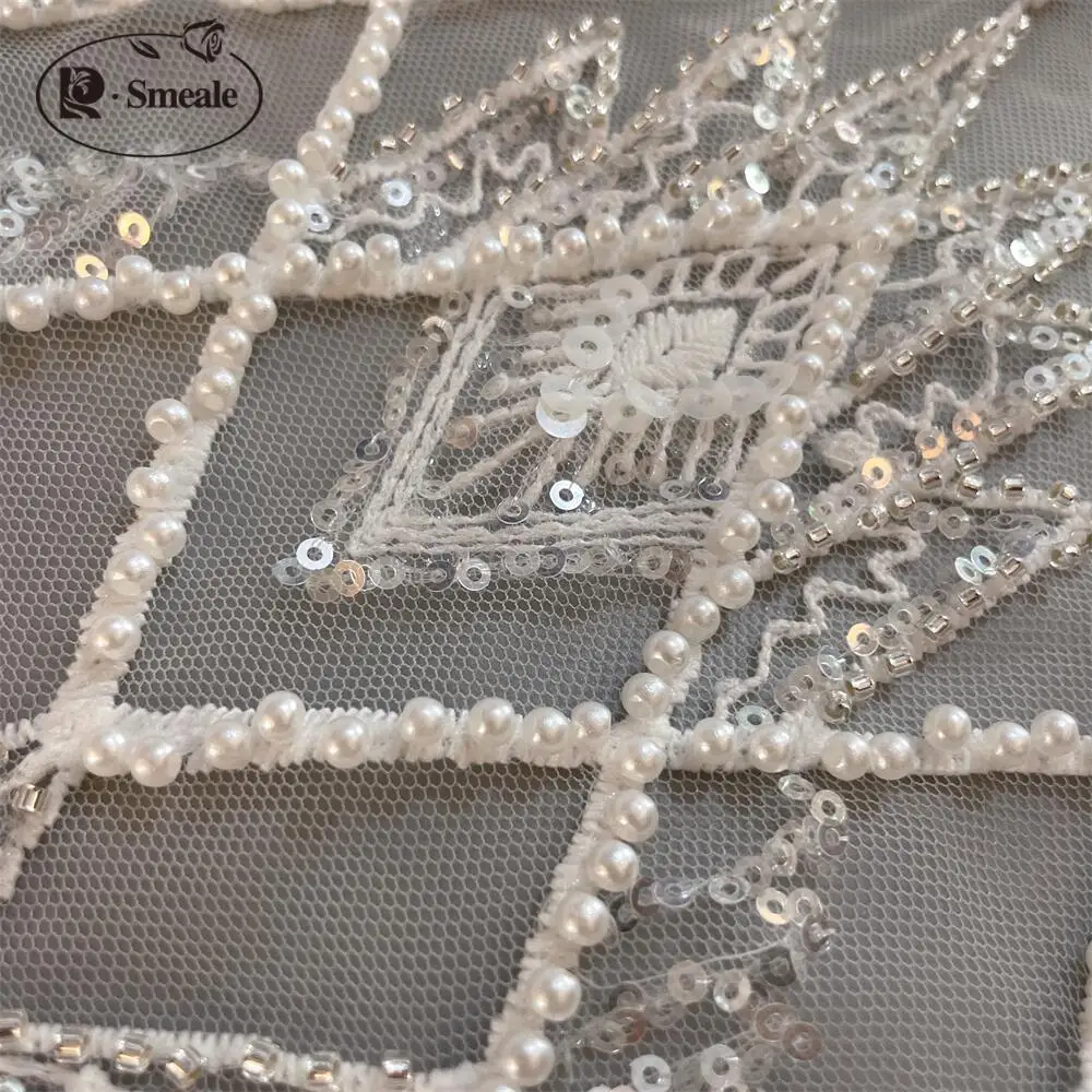 Handmade Pearl Tube Sewing Fabric, Pearl Sequins Lace, Diamond Pattern, DIY Dress, Wedding Dress, Lace Accessories, RS4265