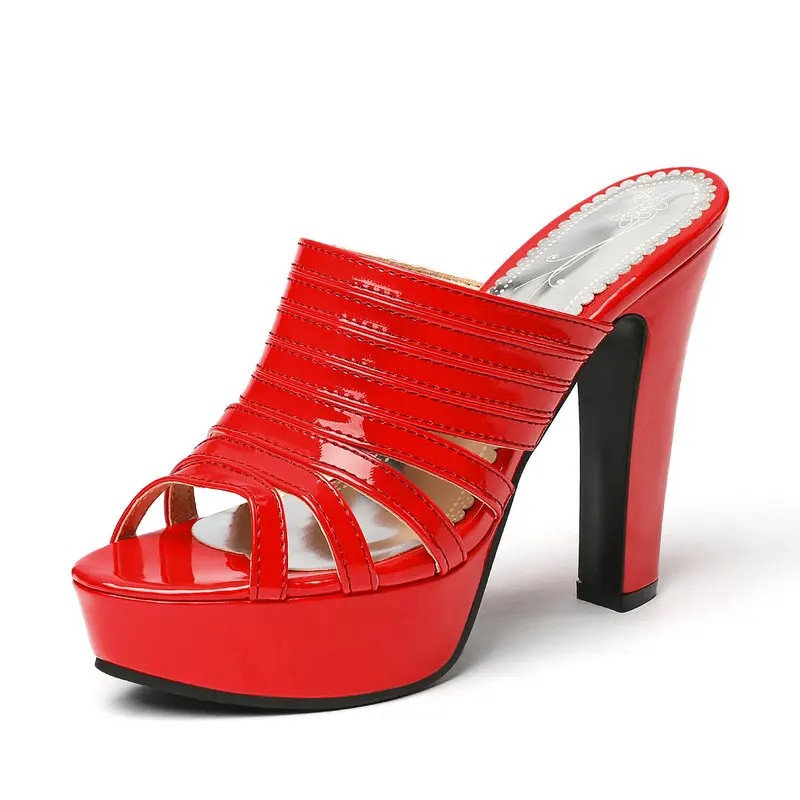 

Big Size 35-50 Patent PU Leather Open Toe Red Gold Party Wedding Casual Women Slides Platform Mules Shoes High Heels Sandals