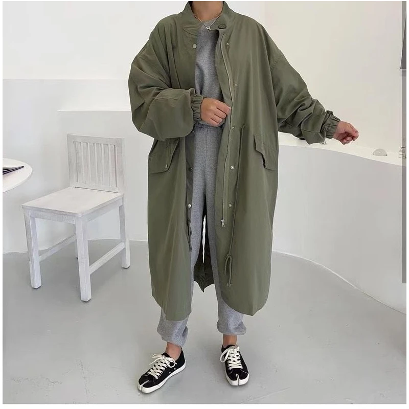Chic Autumn Winter Vintage Lazy Style Stand Collar Single Button Loose Casual Long Sleeve Mid-Length Coat Women's Outerwear