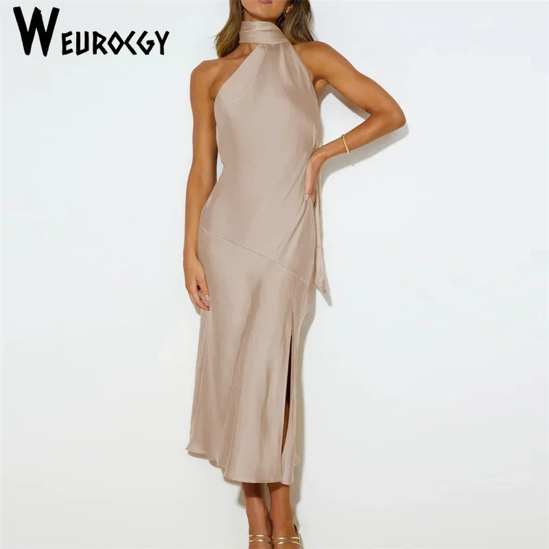 2023 Summer Women Party Dress Fashion French Elegant Long Satin Backless Solid Color Fashion Sleeveless Sweet Evening Dress