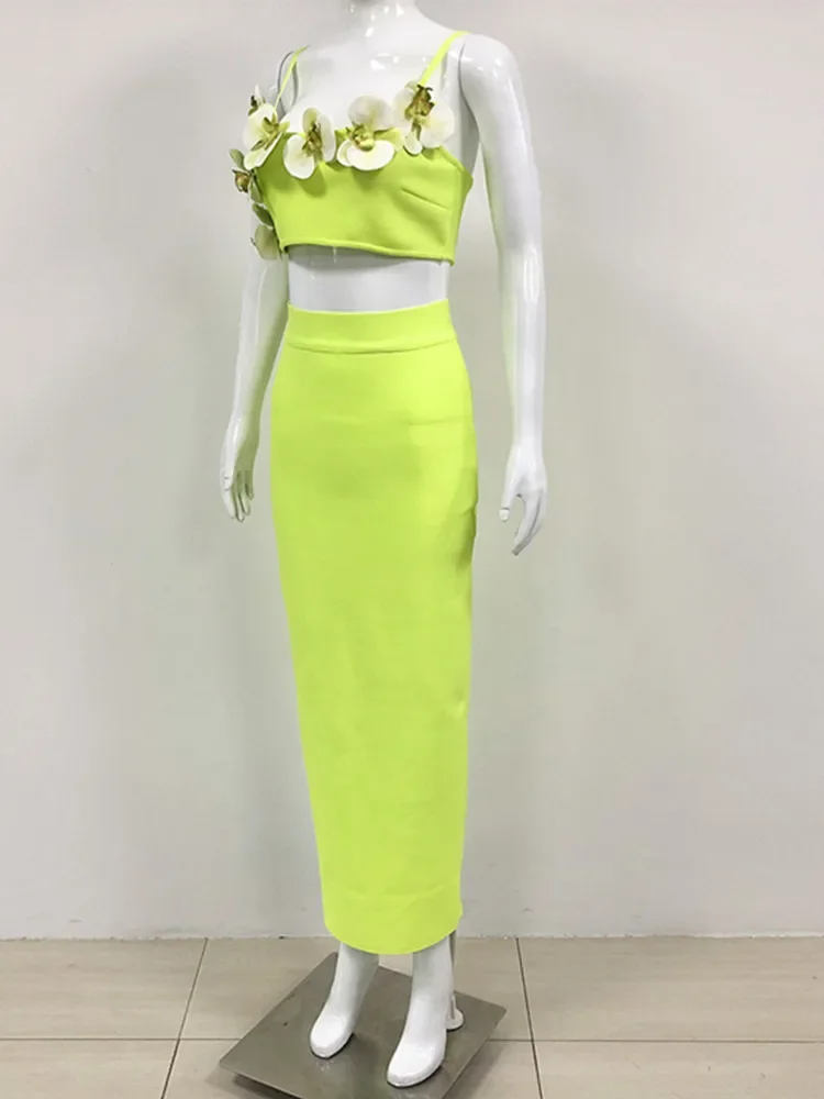 Women Neon Color Summer Outfits High Street Camisole Crop Top And High Waist Skirt Two Pieces Sets Evening Club Party Garments