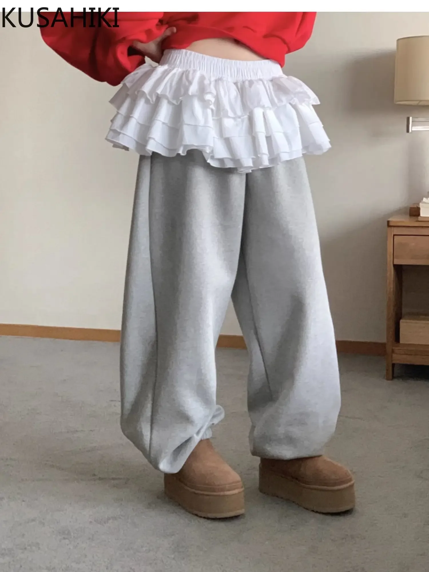 KUSAHIKI Street Korean Ruffle Edge Splicing Fake Two Pieces Causal Fleece Long Sweatpants Casual Pants