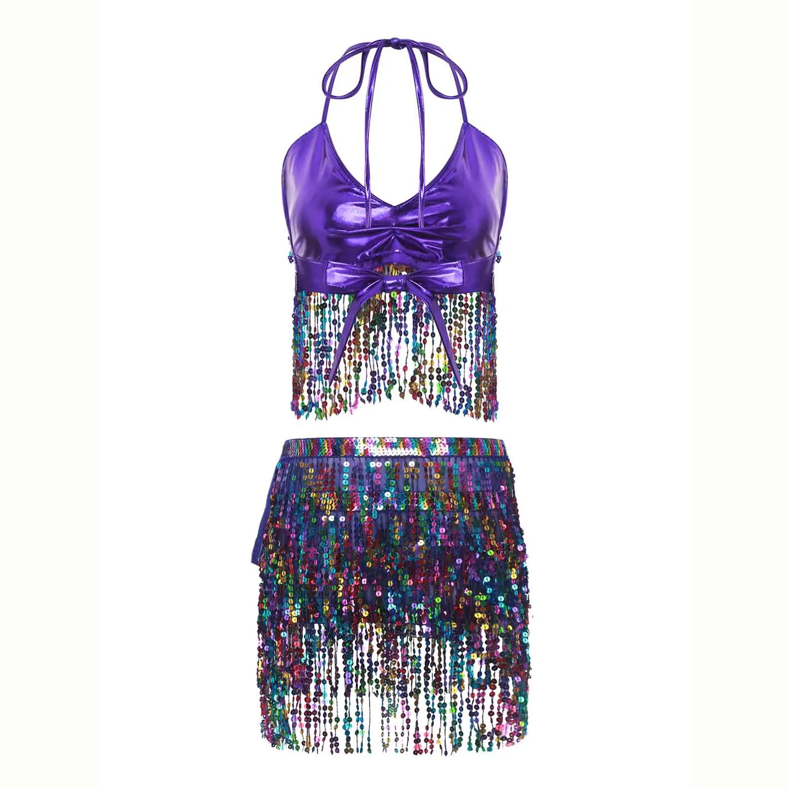 Traje de escenario de danza del vientre con borlas de lentejuelas para mujer, Tops de moda, falda a la cadera, traje de 2 piezas para Halloween Cha-Cha Samba, Ropa de baile española