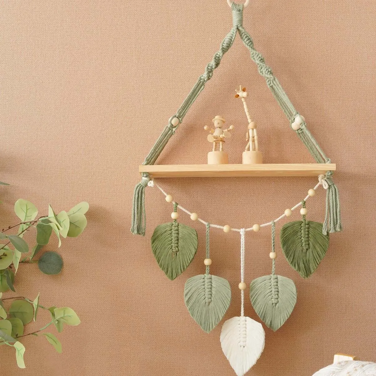 European-style Green Wall Decoration Pendants. Hand-woven Cotton Rope Tapestry Shelf. Bohemian Wall Decor