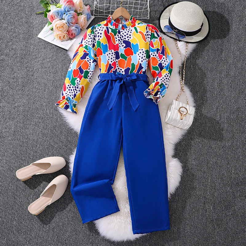 

2024 New Clothing Set Girl Long Sleevele Patchwork Print T-shirt Blue Trousers 2 Pcs Sets Casual Girls Clothes Sets 8-12T