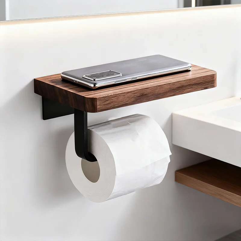 حامل ورق المرحاض الخشبي الحمام جدار جبل WC ورقة حامل هاتف الرف تخزين منشفة لفة الرف الملحقات #5
