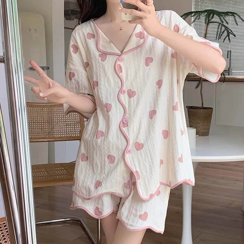 

2024 Summer Elegant Fashion Harajuku Slim Fit Female Clothes Loose Casual All Match Pajamas Cardigan Button Short Sleeve Shorts