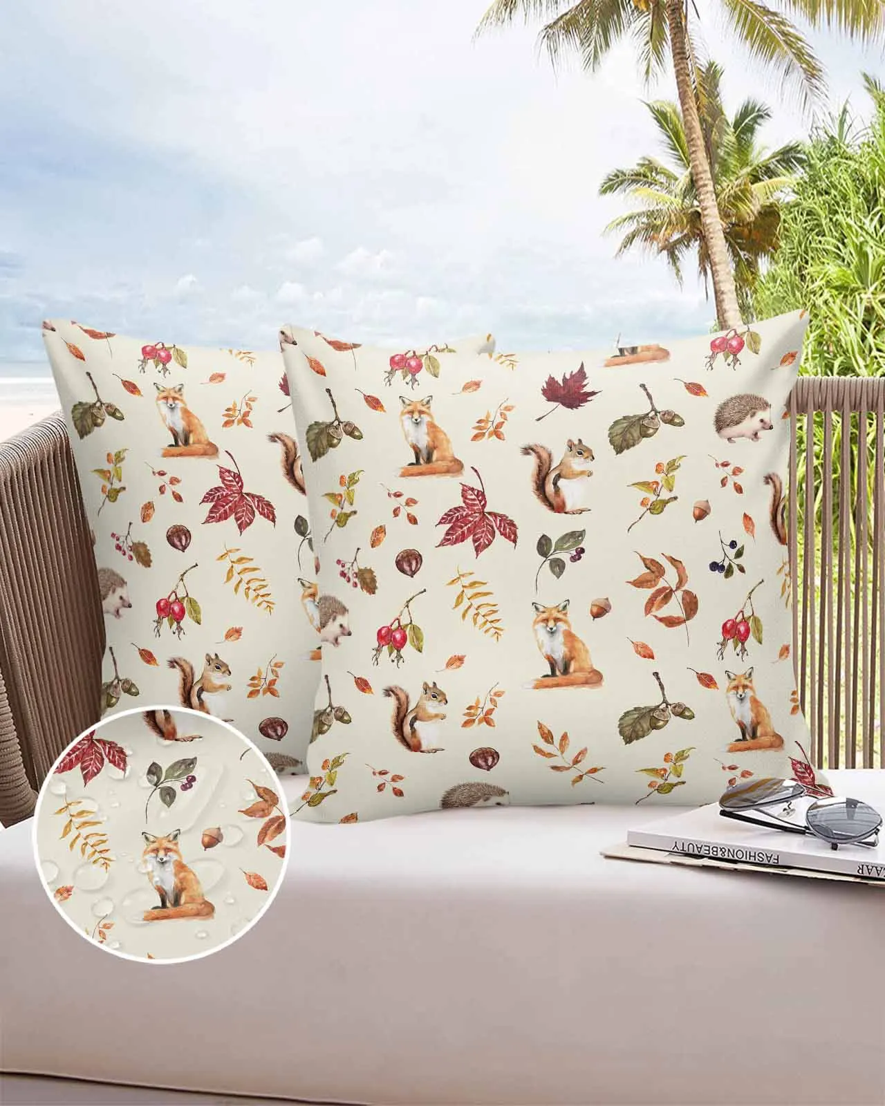 2/4PCS Thanksgiving Autumn Plants Squirrel Fox Hedgehog Outdoor Garden Chair Waterproof Cover Cushion Home Decor Pillow Case