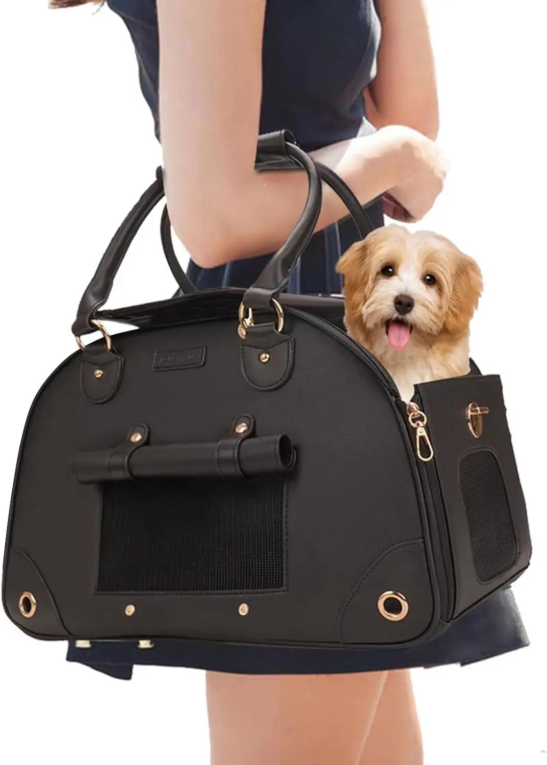 Foldable PU Leather Pet Carrier Tote Bag for Small Cats & Dogs, Airline Approved Travel Purse (Black, Small)