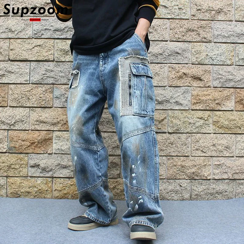 

Supzoom New Arrival Top Fashion Autumn And Winter Splashed Ink Printing Casual Cargo Design Loose Straight Denim Men Jeans