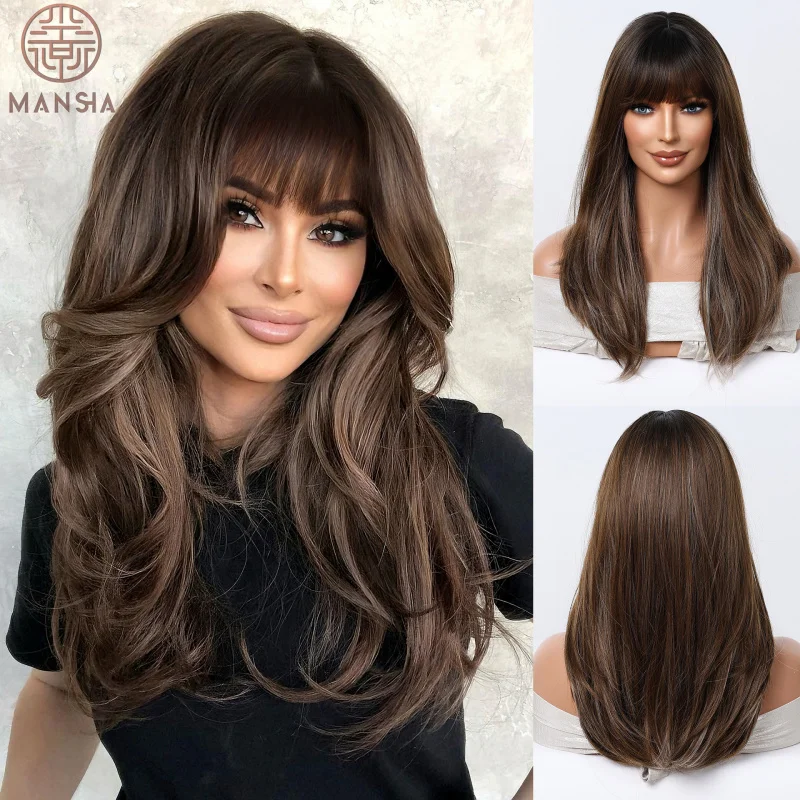 Dark brown gradient long curly for women, naturally fluffy wig