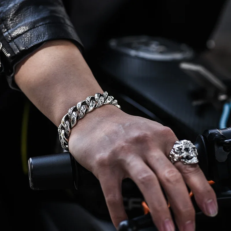 New Silver Color National Tide Retro Fashion Cuban Charm Bracelet Men Cuff Trend Domineering Street Fashion Jewelry