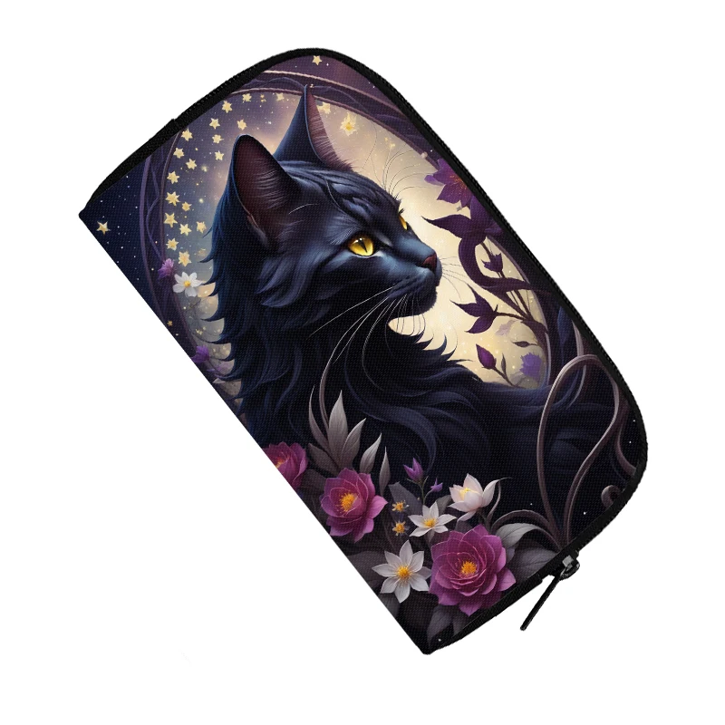 Cartera con estampado de Luna y gato negro Kawaii para mujer, monedero, identificación, tarjeta de crédito, auriculares, soporte para teléfono,