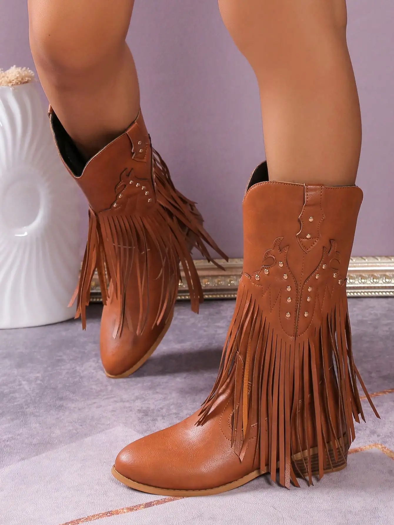 Wedge Chunky Heel Boots Women Rivets Tassels Design Western Boots PU Leather Brown Cowboy Boots for Woman Cowgirl Botas Mujer