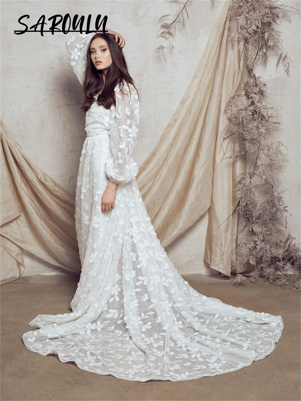 Modern Floral Appliques Women Birde Dress With Long Lantern Sleeves Open Back Wedding Dresses Court Train Bohemian Bridal Gown