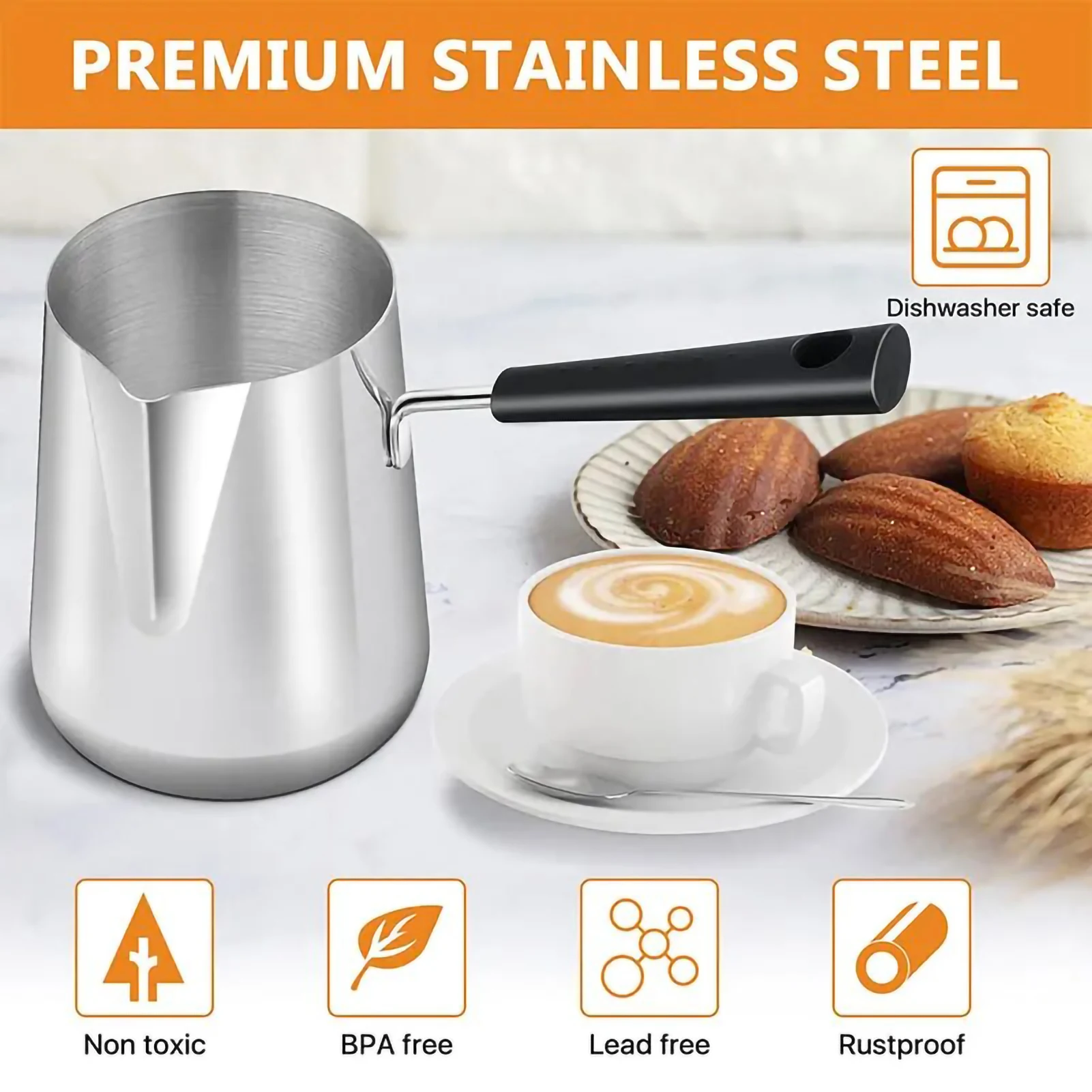 350 ml/600 ml Long Handle Turkish Coffee Pot Pouring Spout Stainless Steel Milk Butter Warmer Pot Stovetop Chocolate Melting Pan