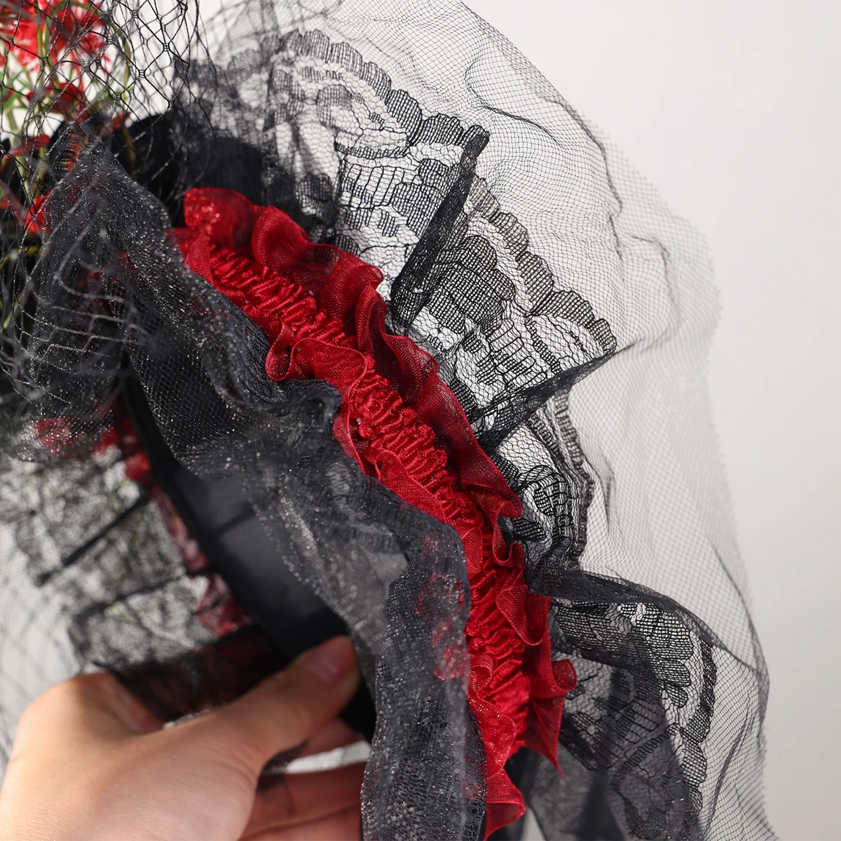 Black Rose Flowers Handmade Lace Hairbands With Veil For Halloween Party Women Bridal Headbands Hair Accessories image 4