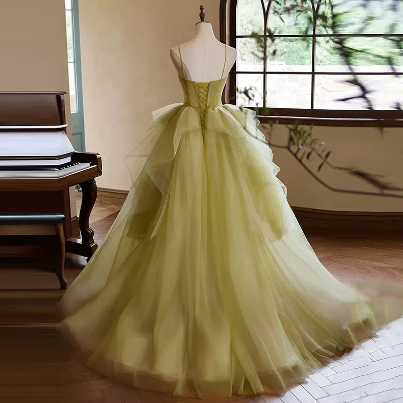 AnXin SH princesa encaje verde correa de espagueti sin mangas volantes vestido de baile con cordones fiesta larga novia vestido de noche personalizado