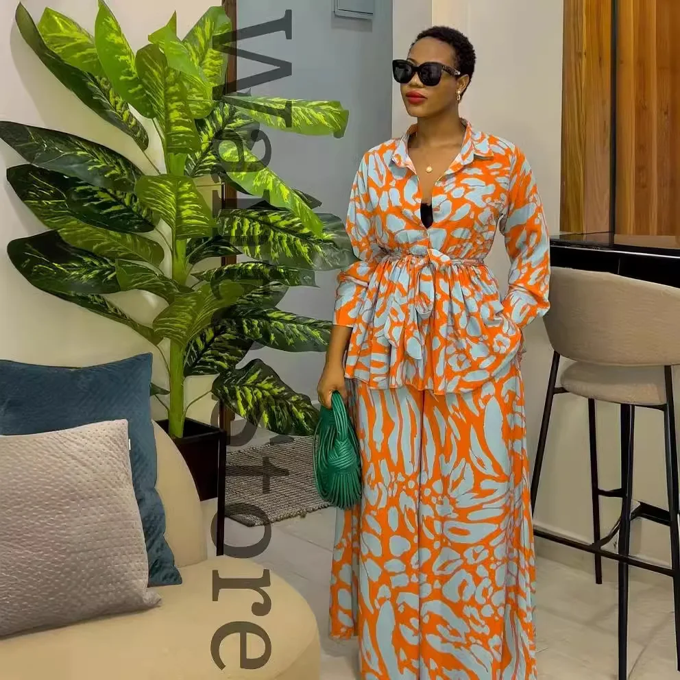 

New Arrival Fashion Muslim Sets Woman Two Piece Set Custom Print Floral Kimono Top Cotton Long Pants Women Kimono Set