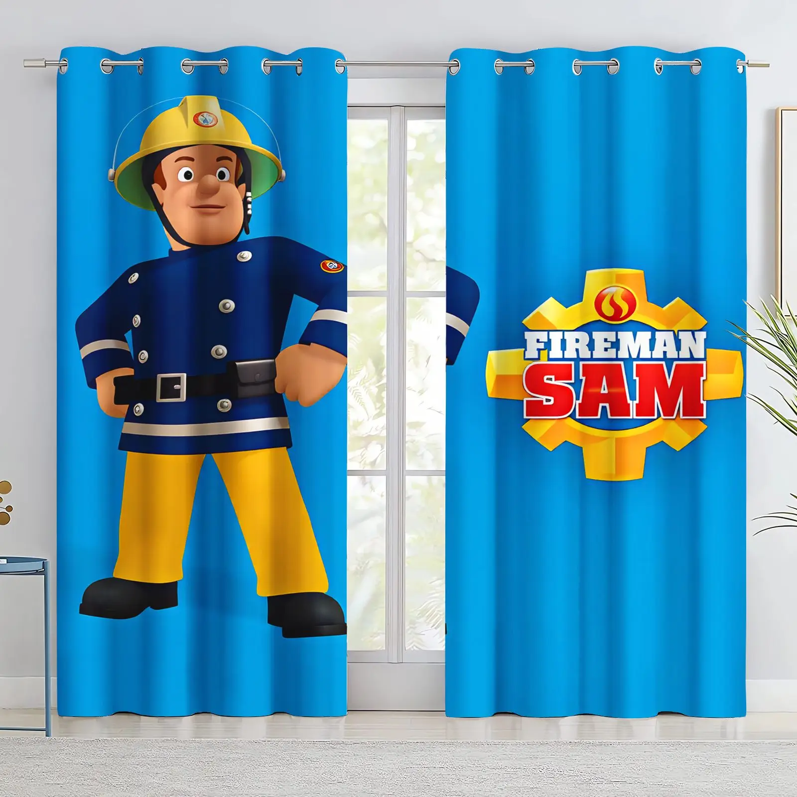 Cartoon Fireman Sam Blackout Curtains, 2 Panels Window Drapes, Anime Firefighter Character Print Curtain, Home Bedroom Kids Room