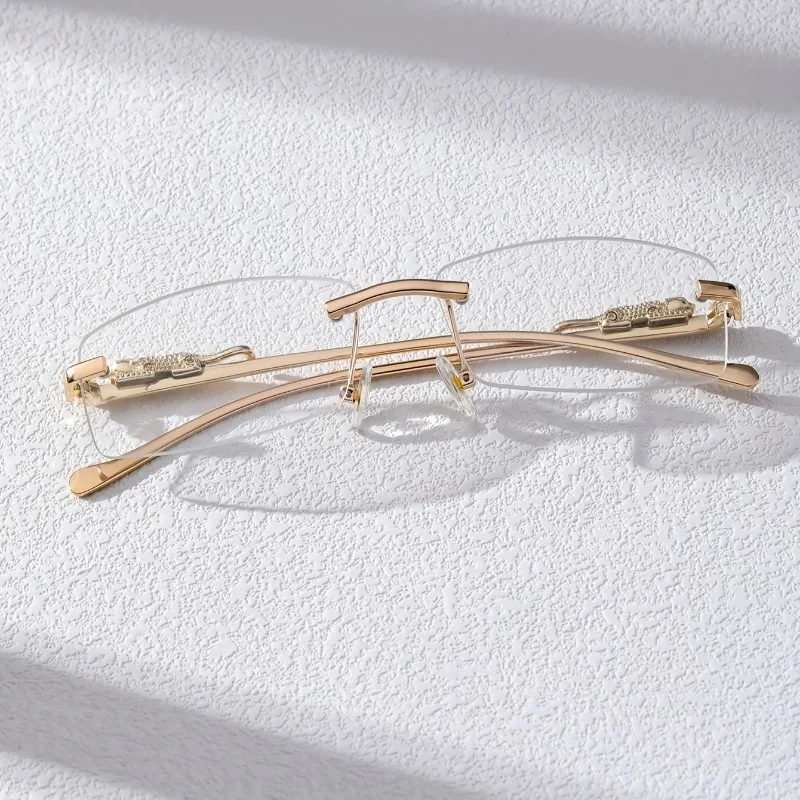 1Pc Men Retro Rectangular Rimless Glasses, Leopard Decor Temples, Fashion Eyewear for Business Daily Wear