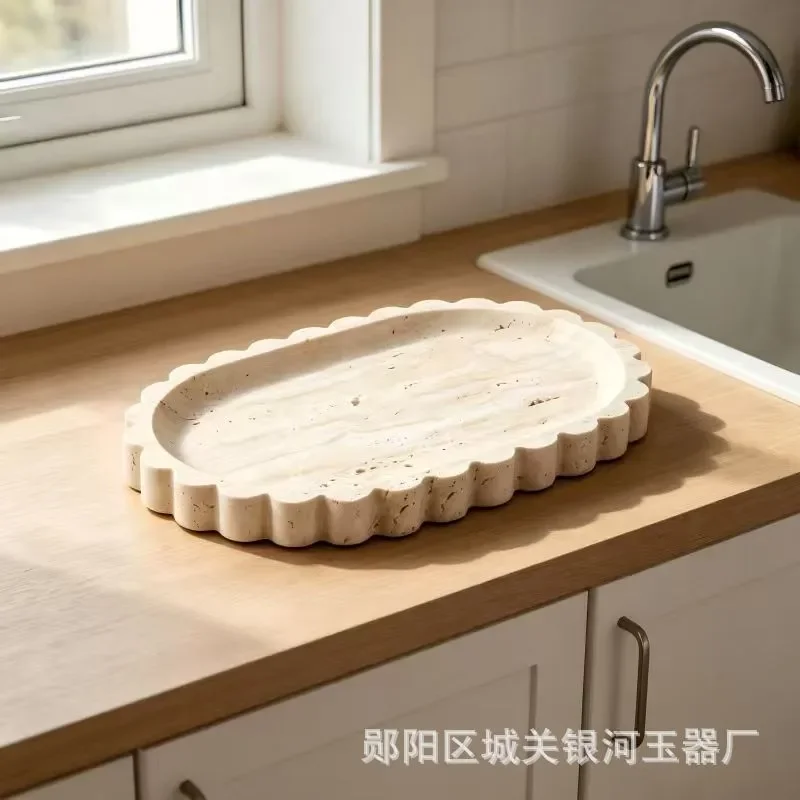 for Natural Travertine Wavy Edge Tray Wabi Sabi Style Cosmetic Storage Tray Model Room Soft Decoration Ornament Cross Border