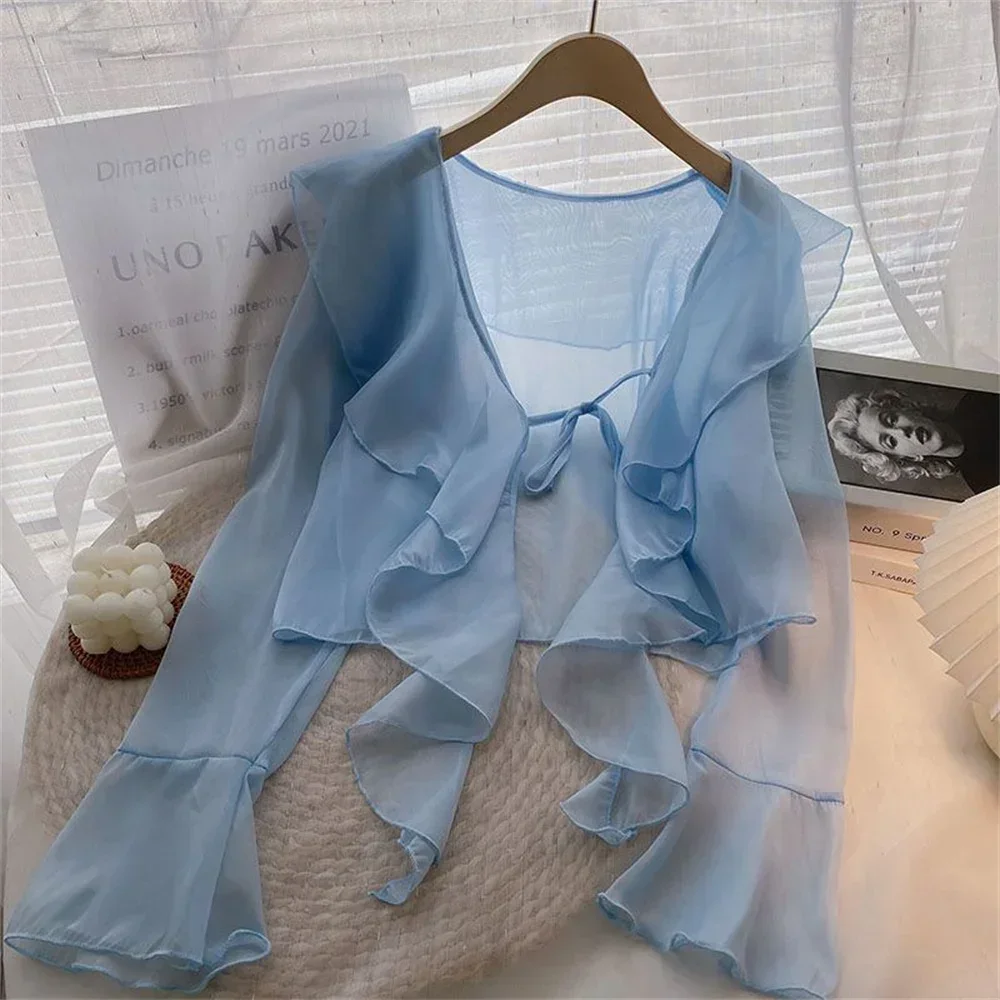 Fanan Women Sweet Beach Ruffled Lace Up V-neck Chiffon Cardigan All-match Flare Sleeves Sunscreen Shirt Irregular Thin Shawl