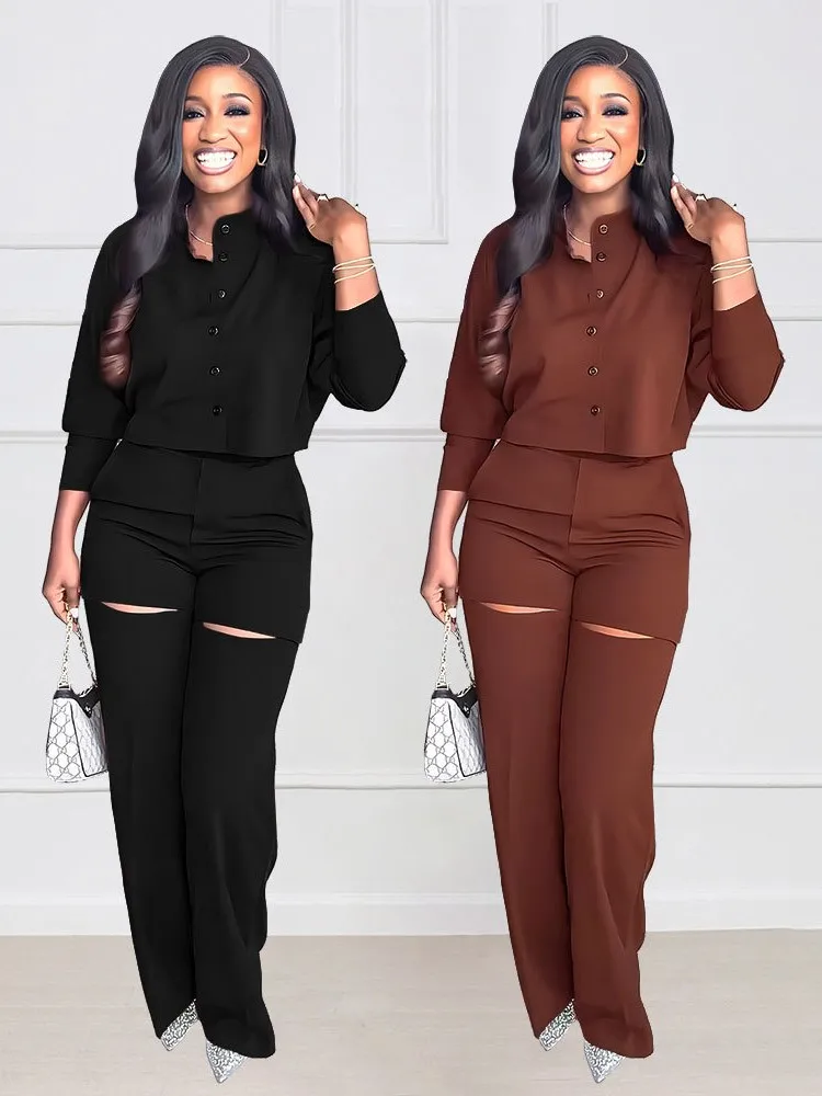 Women Trend Stand Neck Two Piece Sets Long Sleeve Shirt Tops Outfits Trousers Sets Solid Shirts Wide Leg Hole Pants Casual Suit