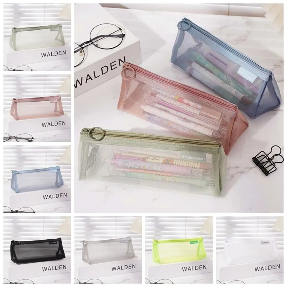 

Nylon Mesh Pencil Case Triangle Retro Color Transparent Bills Bag Large Capacity Cosmetic Bag Zipper Stationery Bag