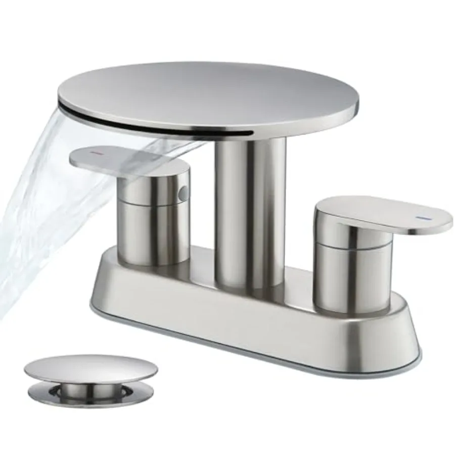 

Waterfall Bathroom Sink Faucet 3 Hole Modern 2 Handle Vanity Faucet for Bathroom Sink 4 inch Centerset with Round Shelf and Met