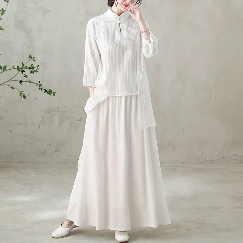 

Casual Women's Clothing Chinese Style Cotton Linen Yoga Suit Skirt Summer Solid Color Shirt Tops And Skirt Dance Outfits Z684S