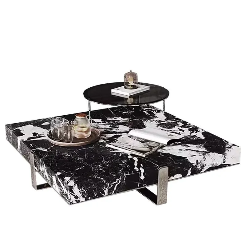 Italian Minimalist Square Coffee Table, Black White Stone Top, Heat-Resistant & Easy Clean, Sturdy Compact Designer Set