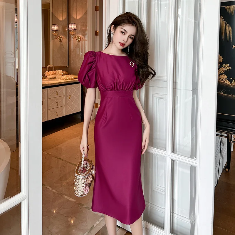 Summer New Women's Clothing Graceful Puff Sleeve Tight Waist Hip Bag Purple Dress