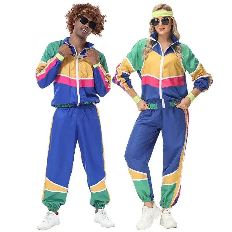 

Couples Hippie Costumes Women Male Vintage 70s 80s Rock Disco Cosplay Outfits Adult Hip Hop Tracksuits Halloween Party Costume