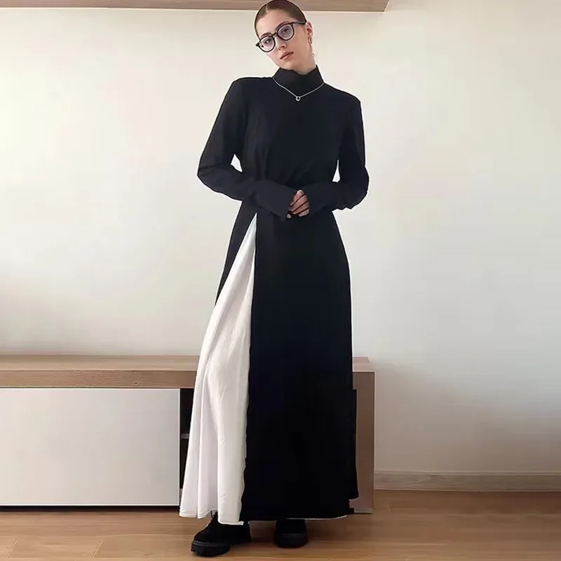 

Talenza Women's Slit Long Dress Black Sexy High-Neck Patchwork Autumn Dress High-Waisted Luxury Party Look Female Vintage Dress