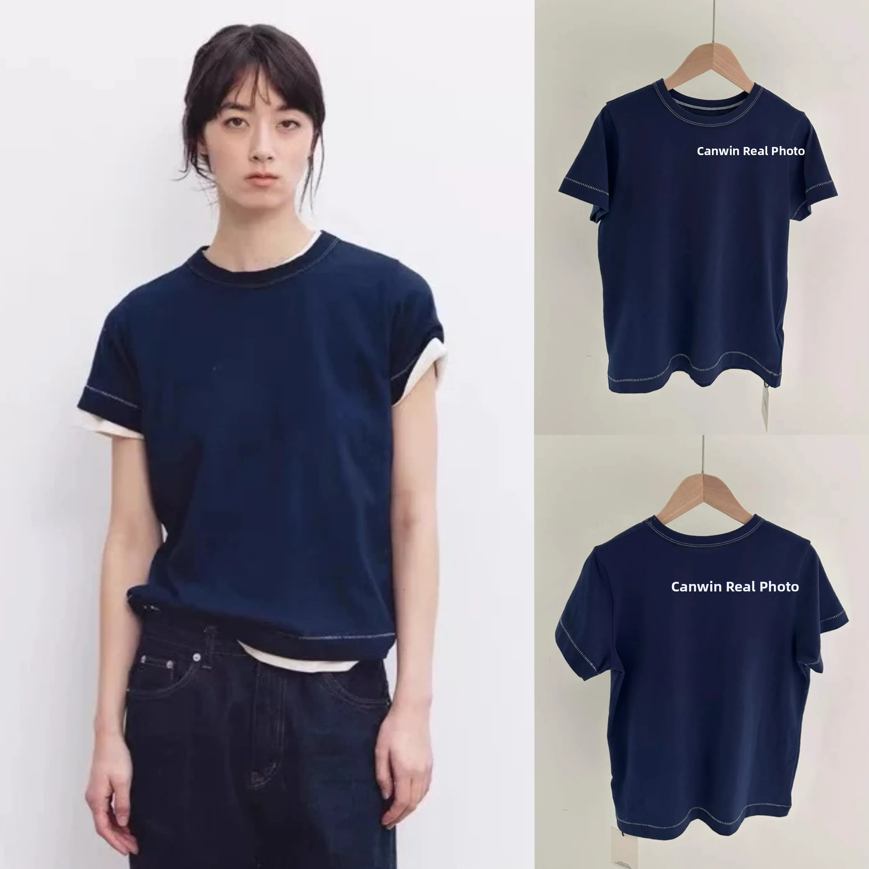 

Мат Контрастная цветная строчка круглая футболка Ne ort Sve Summer Moisture ng Свободный крой Цвет для поездок на работу Sle