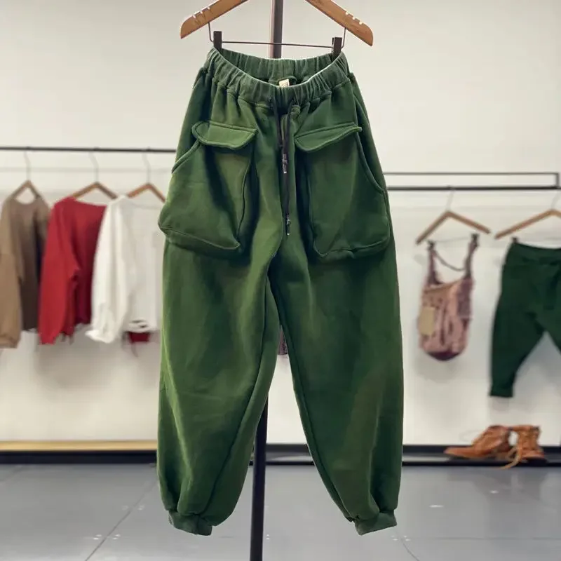 

Women's Solid High Waist Elastic Drawstring Pocket Thick Guard Autumn New Fashion Korean Loose Belted Casual Harlan Pants Z272