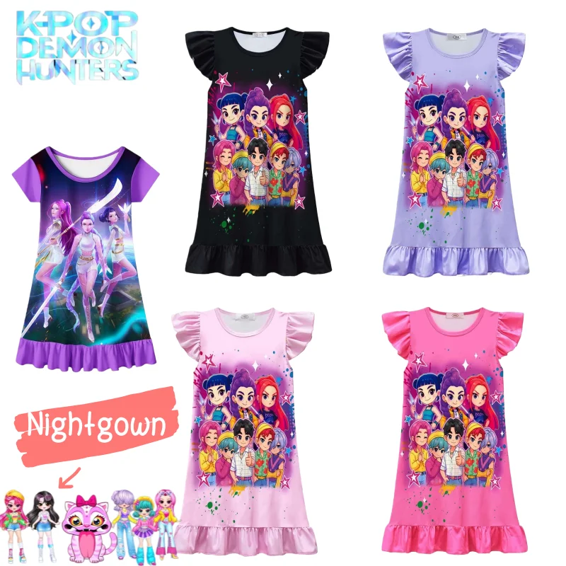 

New KPop Demon Hunters Rumi Mira Anime Merchandise Cartoon Cute Printed Short-Sleeve Nightdress Girl's Heart Sleepwear Homewear
