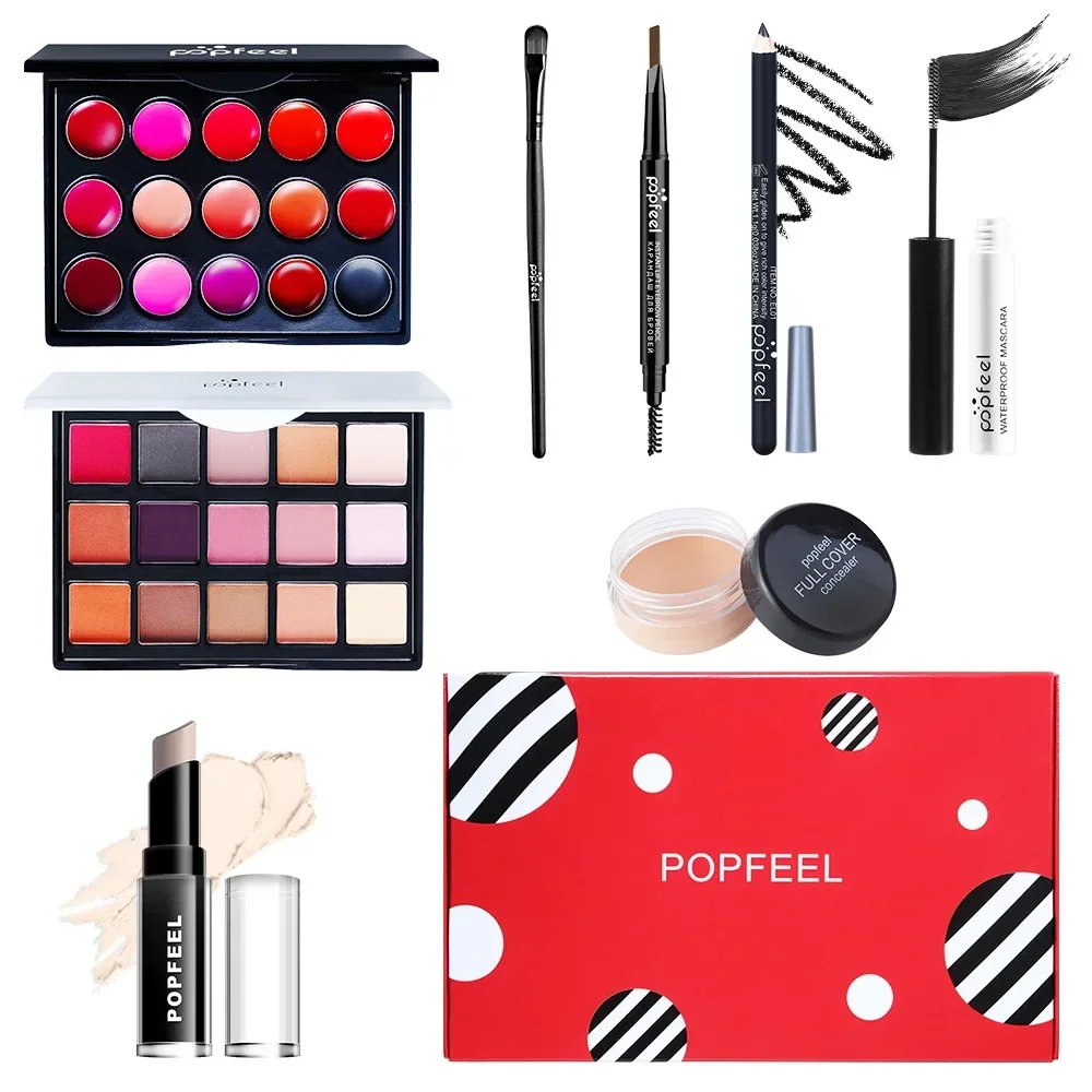 Combo de maquillaje para sombra de ojos, lápiz labial para cejas, delineador de ojos, corrector, Mascara, base, pincel de aislamiento, maquillaje, cosméticos Coreanos