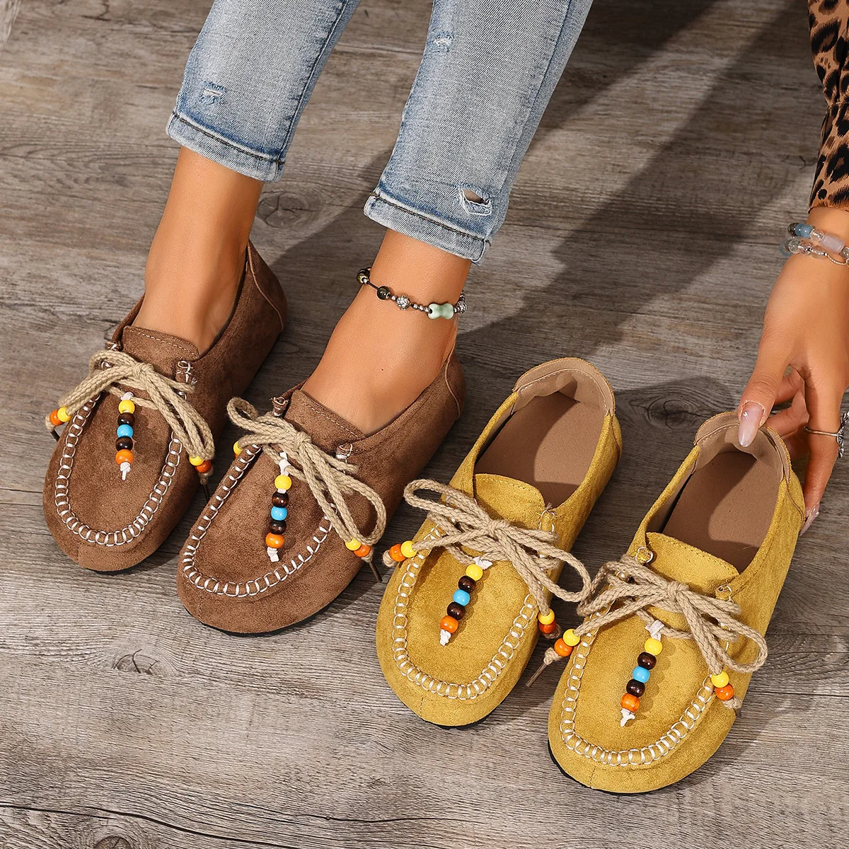 Women Large Size Lace-up Beaded Casual 2026 Autumn New Foreign Trade Suede Retro Round Head Loafers Shoes