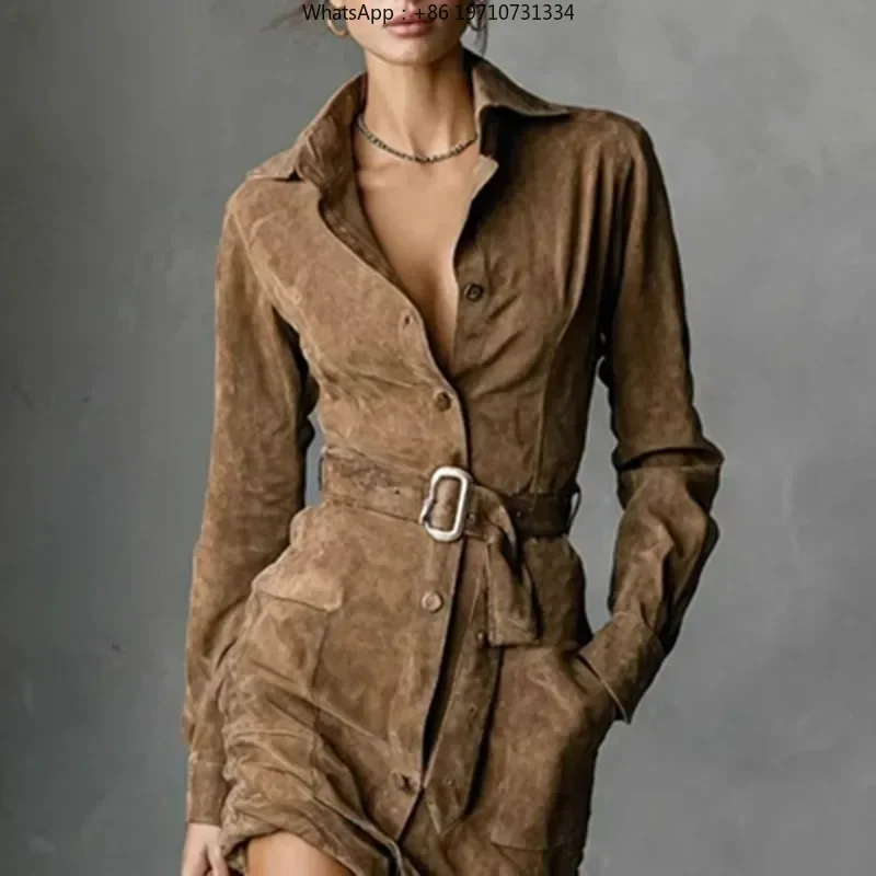 Autumn Single Breasted Lapel Shirt Dress Woman Retro Solid Suede Pocket Party Dresses Fashion Long Sleeve Sashes Slim Mini Dress